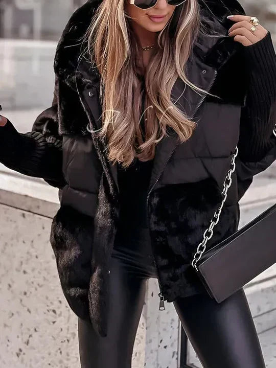 Oversized Women's Winter Jacket with Hood and Colorful Design