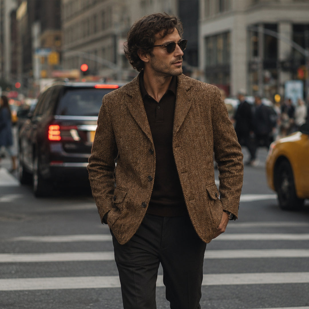 The Dolomiti Men's Tweed Single Breasted Business Blazer Suit - Dark Brown