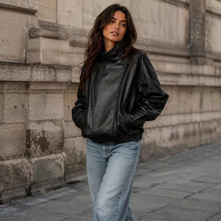 Women's Leather Oversized High Collar Bomber Jacket