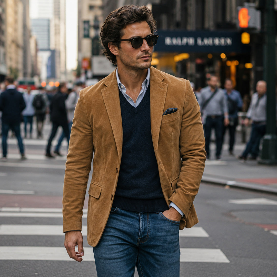 The Policoro Men’s Single Breasted Suede Blazer with Notched Lapel - Wedding Guest