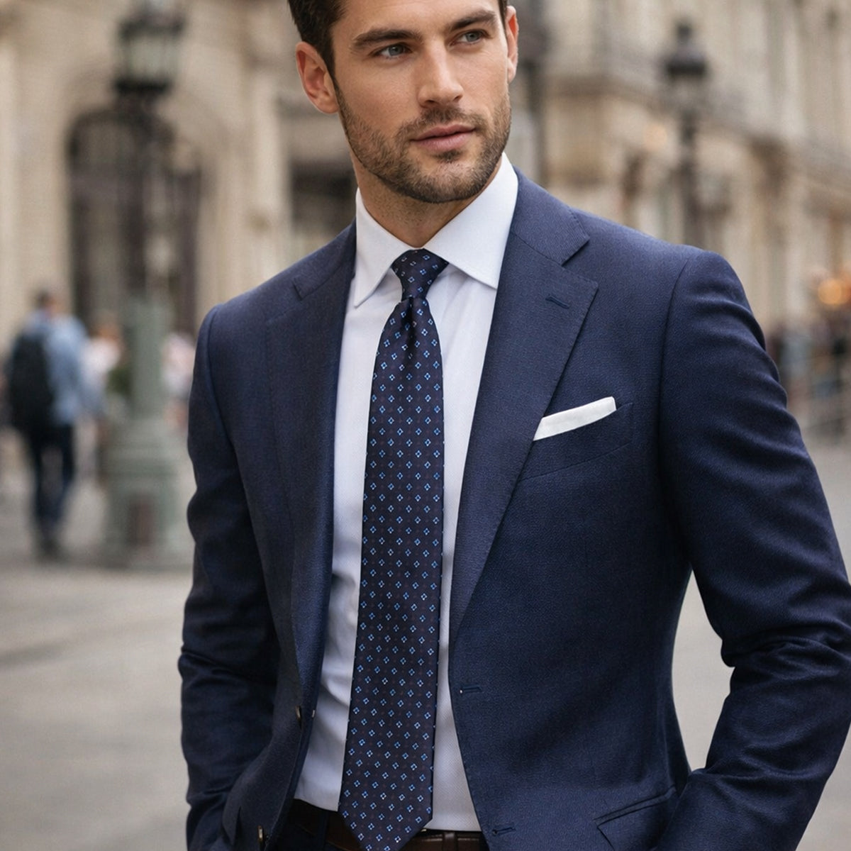 The Monterosso Men’s Luxury Silk Neck Tie - Patterned Navy Blue