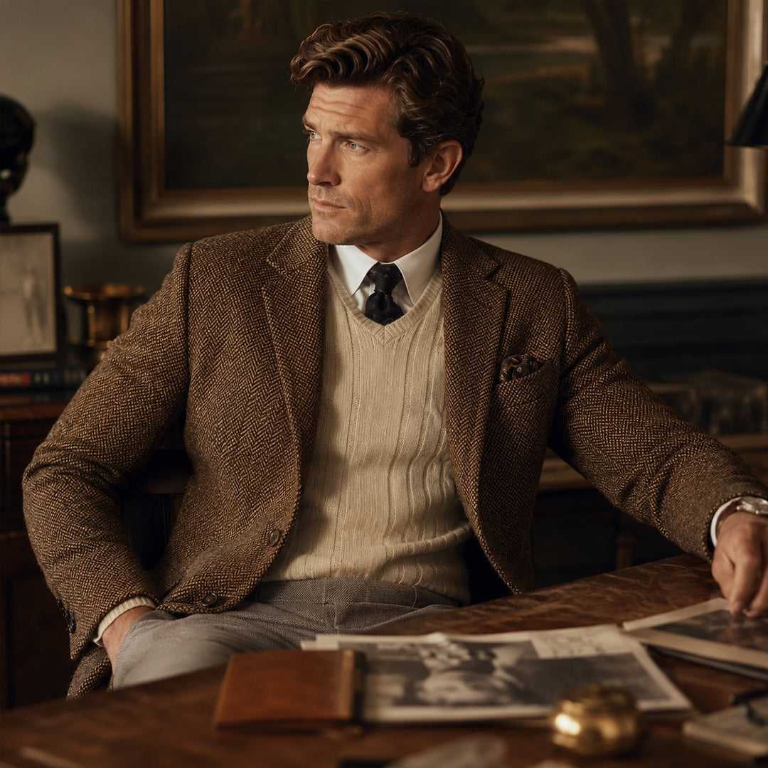 The Dolomiti Men's Tweed Single Breasted Business Blazer Suit - Dark Brown