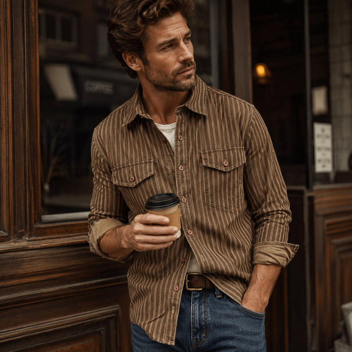 The Marseille Men's Cotton Retro Striped Button Up Shirt