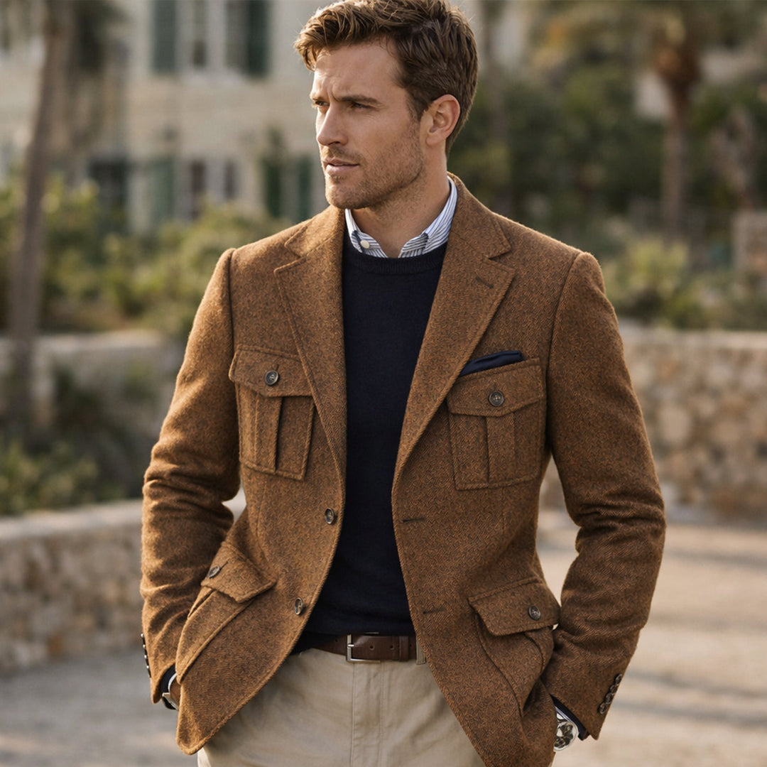 The Turin Men’s Multi Pocket Tweed Blazer Suit Jacket