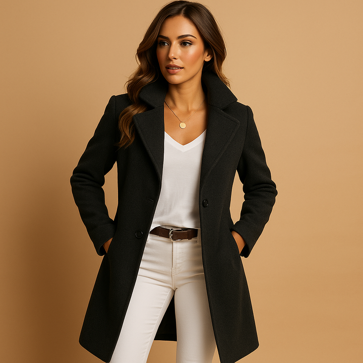 Elegant Long Women's Coat with Button Detail and Classic Collar