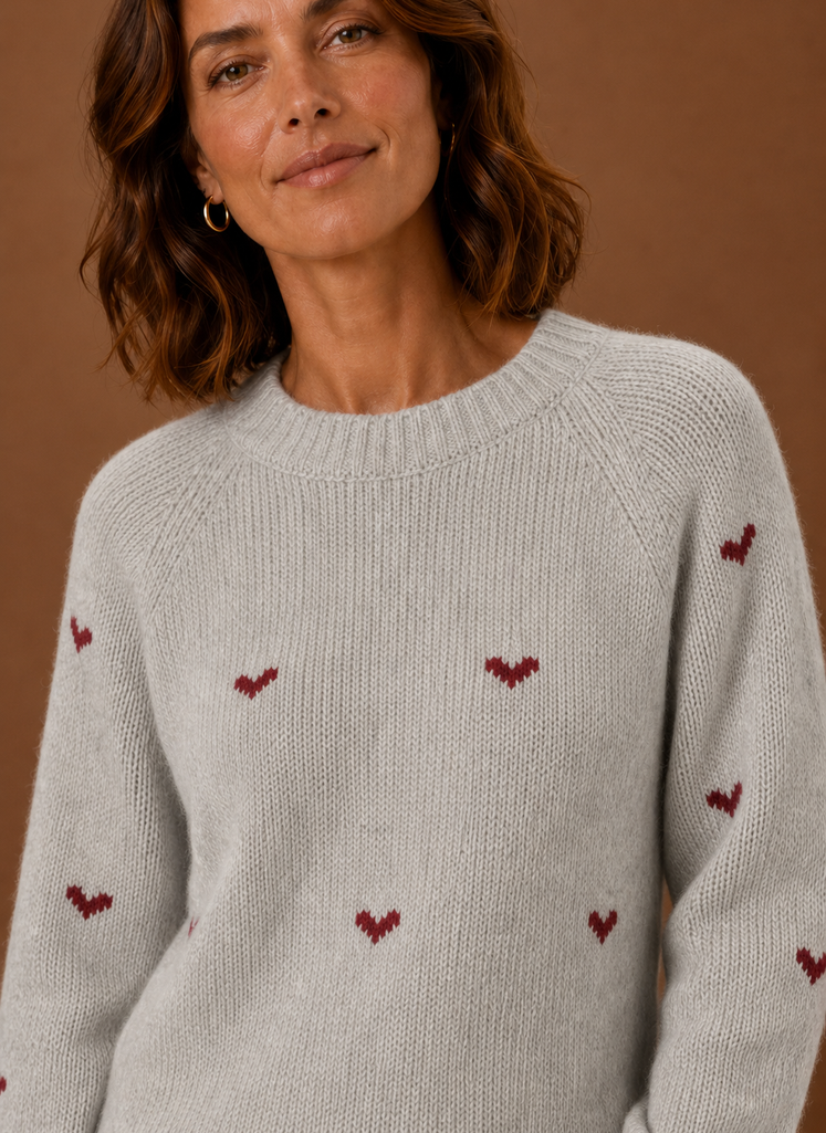 Women's Heart Print Crew Neck Sweater