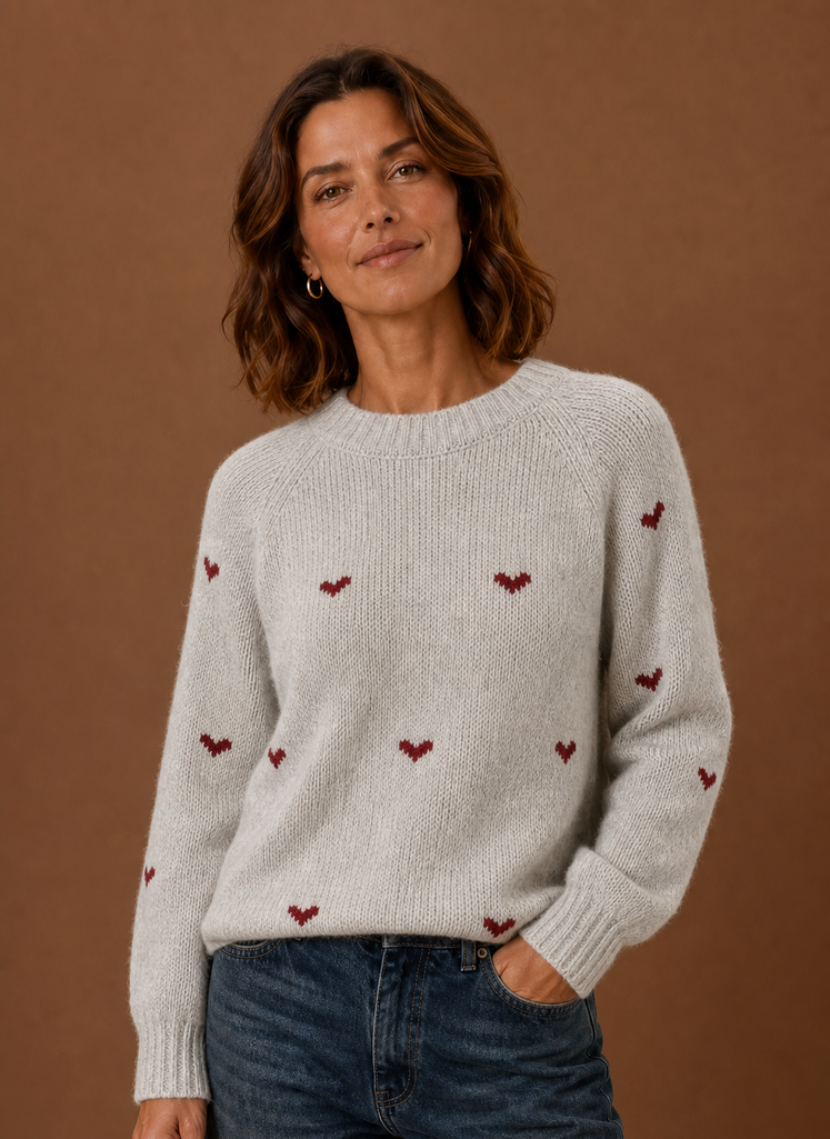 Women's Heart Print Crew Neck Sweater