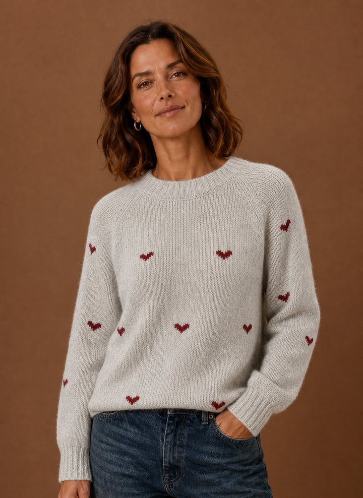 Women's Heart Print Crew Neck Sweater