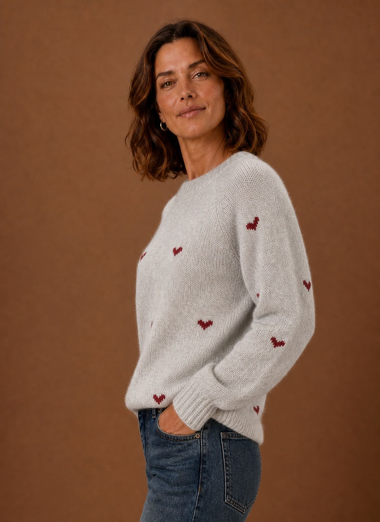 Women's Heart Print Crew Neck Sweater