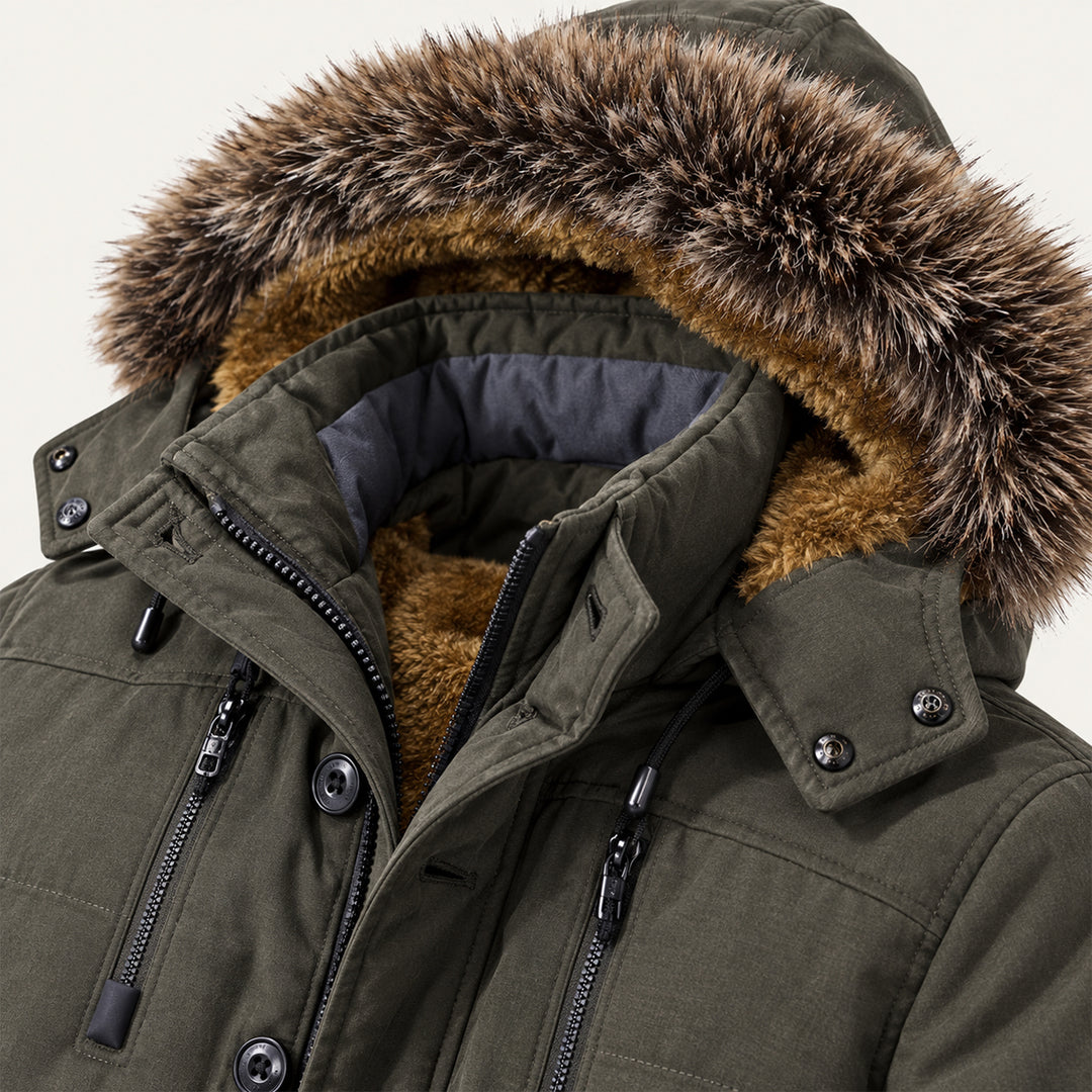Men's Puffer Jacket Charcoal Fur Hooded Winter Coat