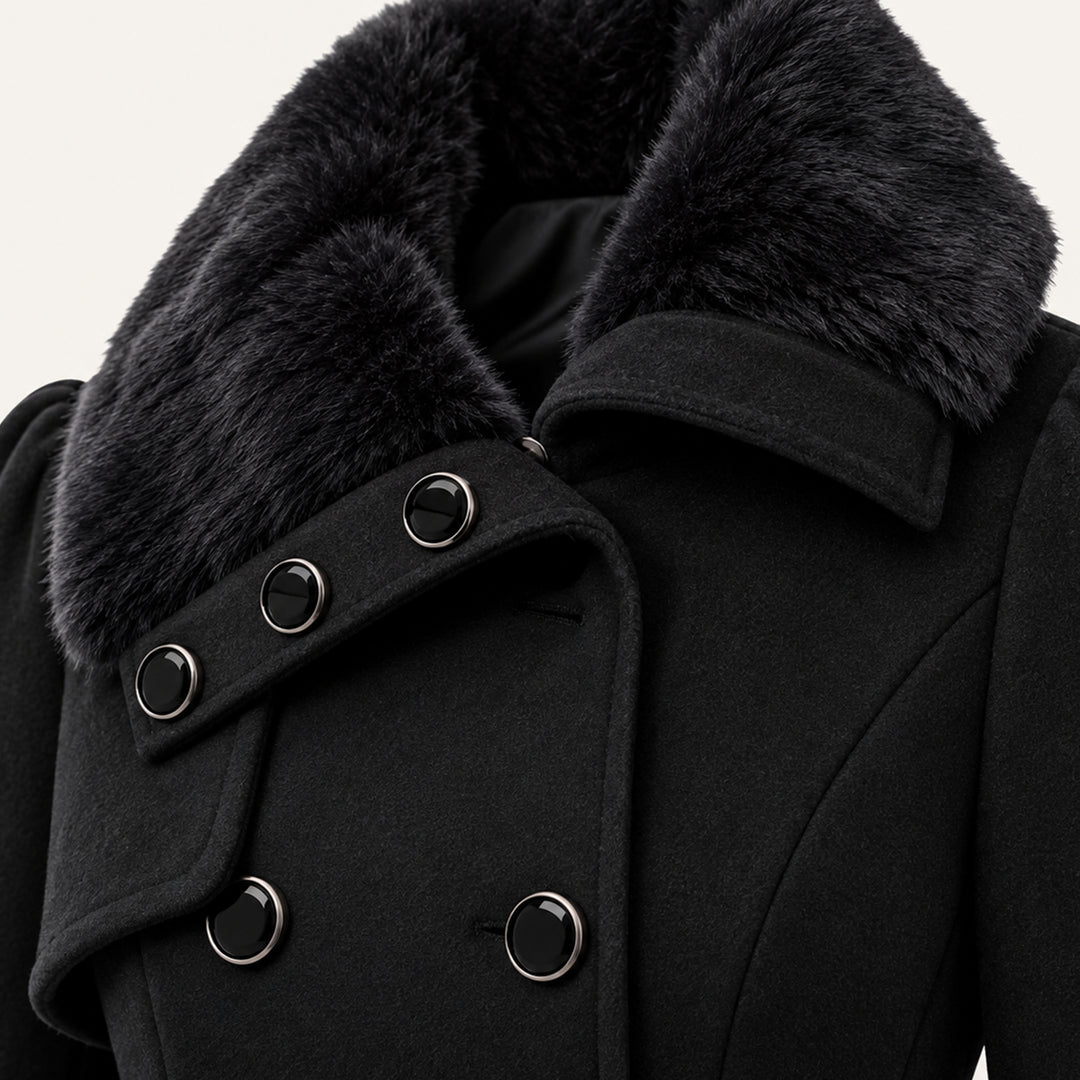 Women's Fur Collar Peacoat – Elegant Belted Fit & Flare Winter Coat