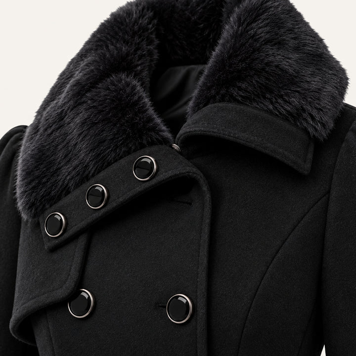 Women's Fur Collar Peacoat – Elegant Belted Fit & Flare Winter Coat