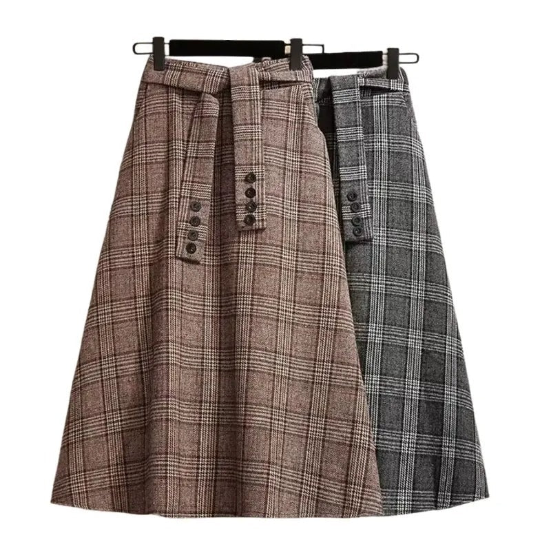 Women's Plaid Midi Skirt with Lace Up Detail