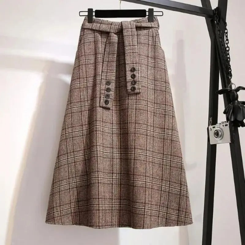 Women's High Waist Plaid A Line Midi Skirt