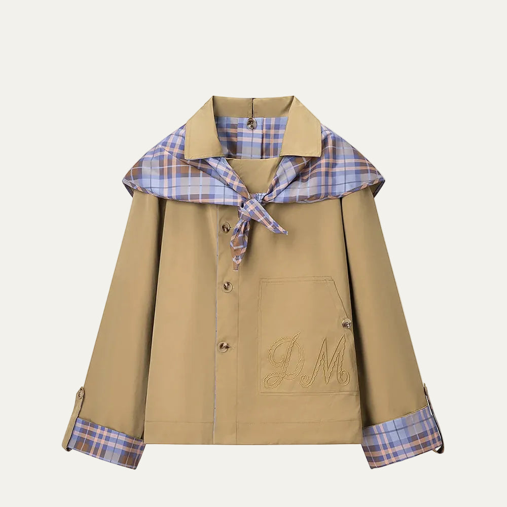 Women's Plaid Scarf Collar Jacket with Contrast Cuffs