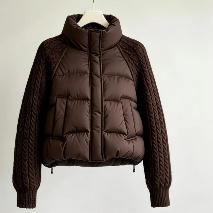 Women's Puffer Jacket with Cable Knit Sleeves