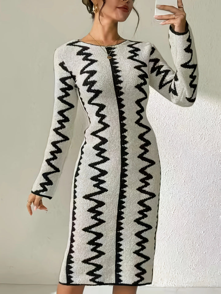 Women's Knitted Midi Dress with Geometric Stripes