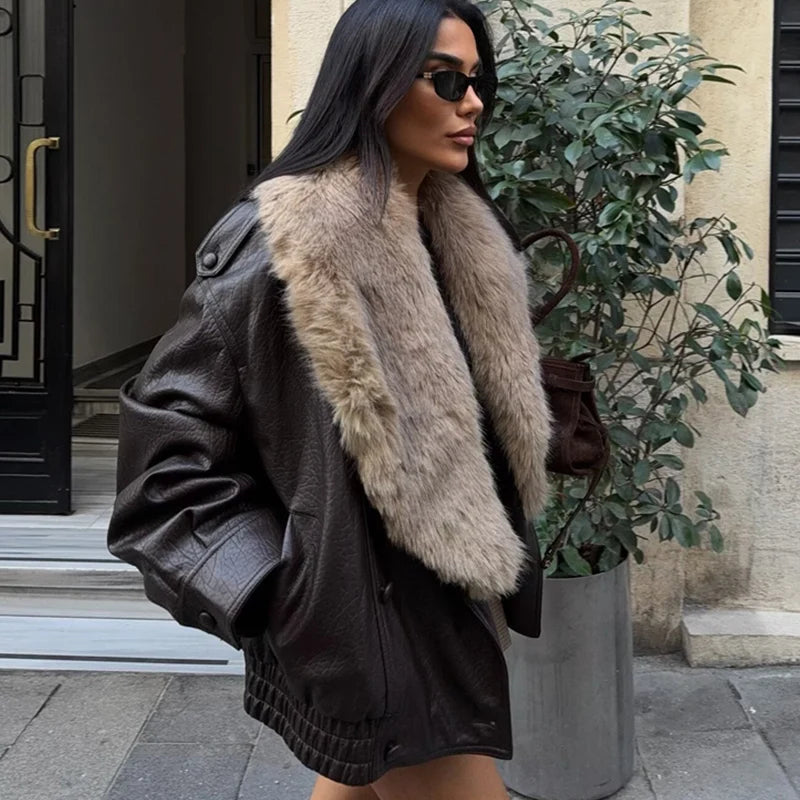 Women's Black Jacket with Large Faux Fur Collar