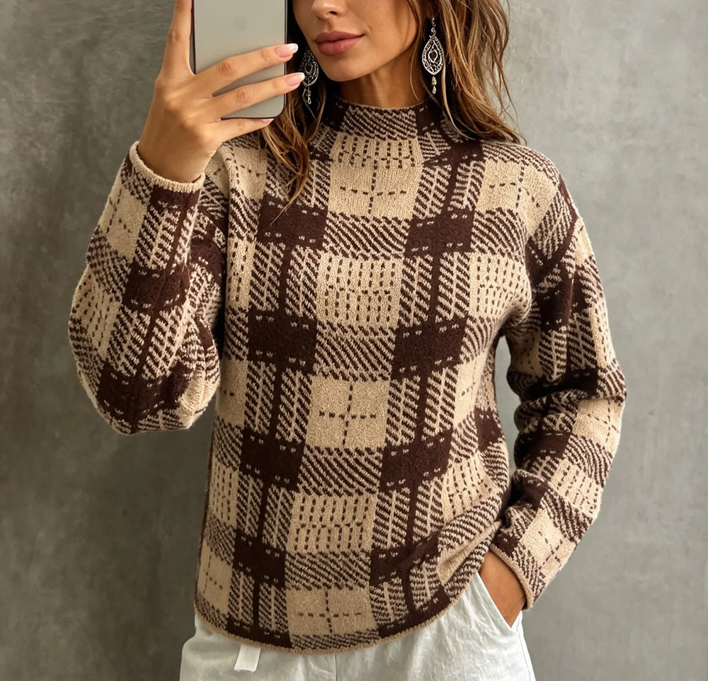 Women's Plaid Knit Top with Mock Neckline