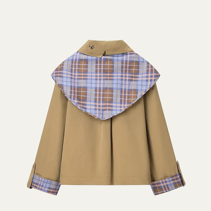 Women's Plaid Scarf Collar Jacket with Contrast Cuffs
