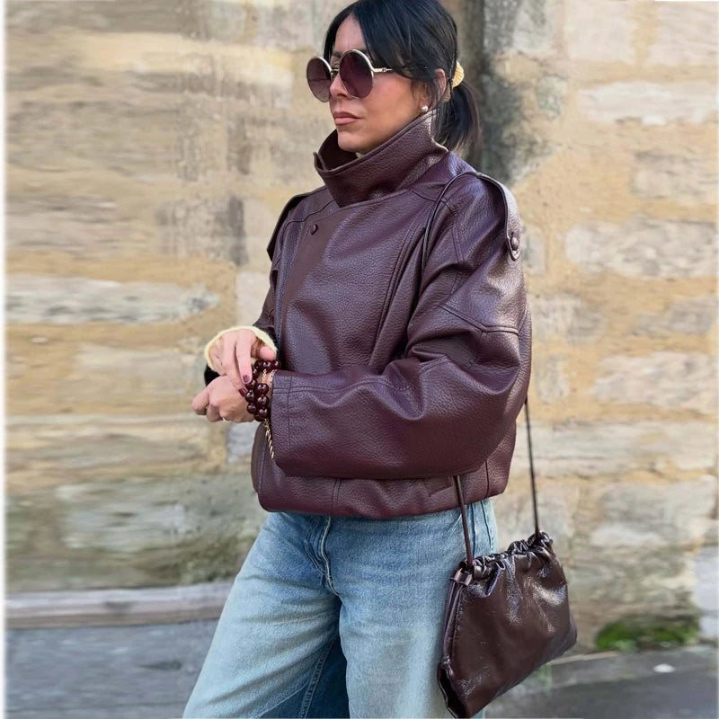 Women's Faux Leather Oversized Bomber Jacket