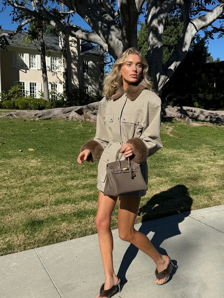 Women's Utility Drawstring Waist Jacket with Faux Fur Collar