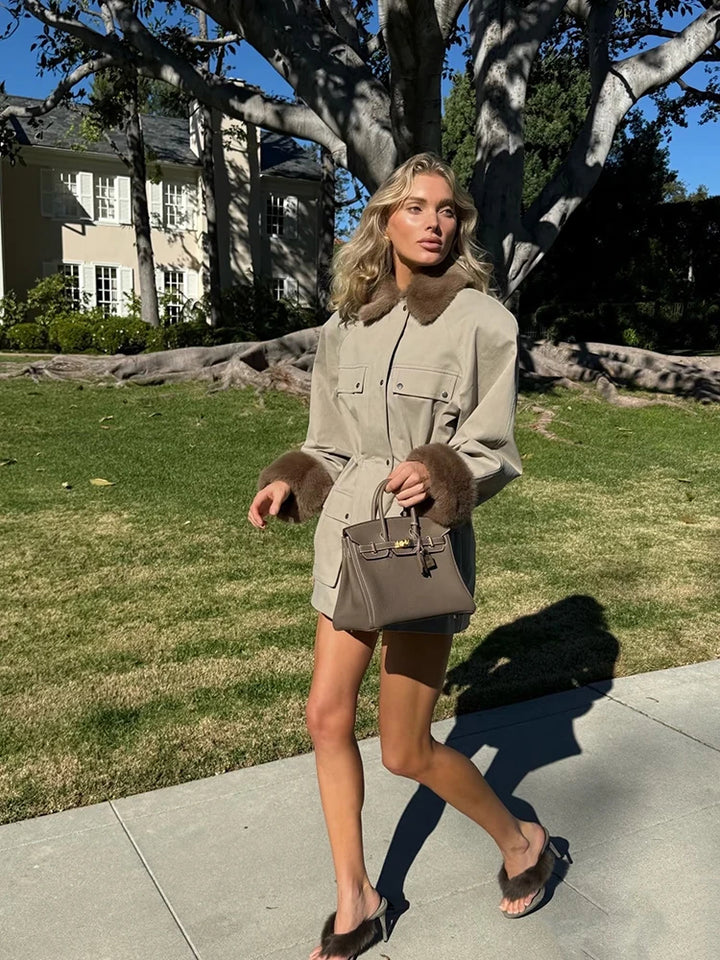 Women's Utility Drawstring Waist Jacket with Faux Fur Collar