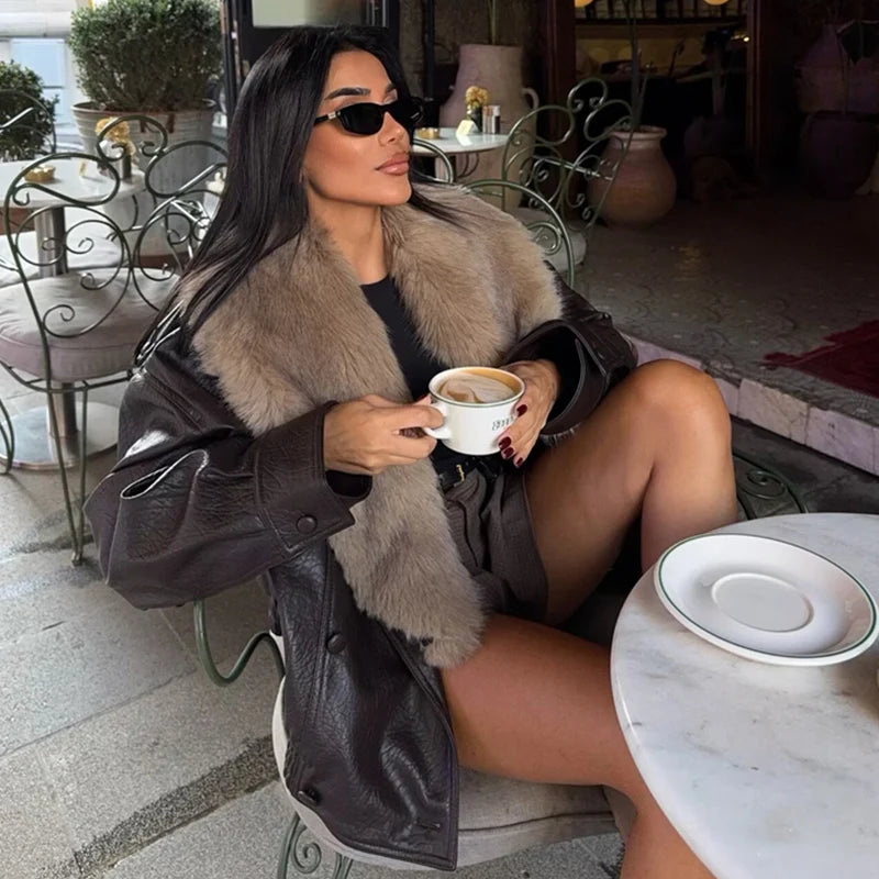 Women's Black Jacket with Large Faux Fur Collar