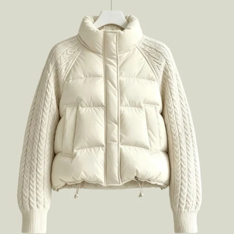 Women's Puffer Jacket with Cable Knit Sleeves