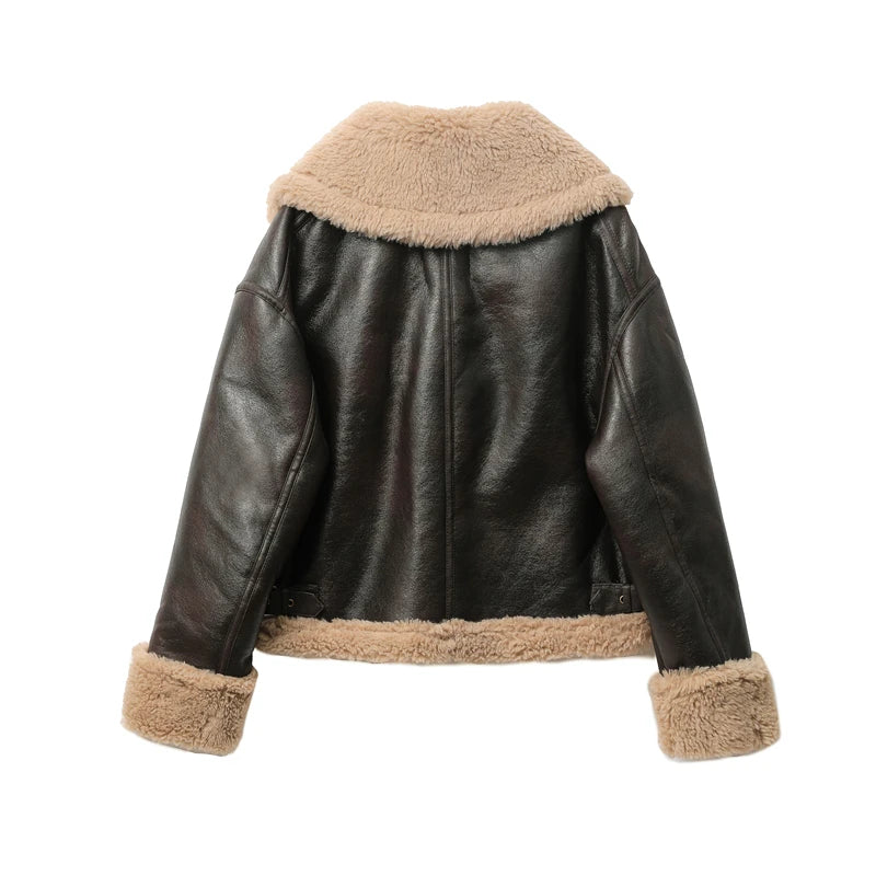 Women's Faux Leather Aviator Jacket with Shearling Style Collar