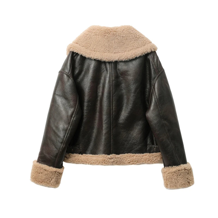 Women's Faux Leather Aviator Jacket with Shearling Style Collar