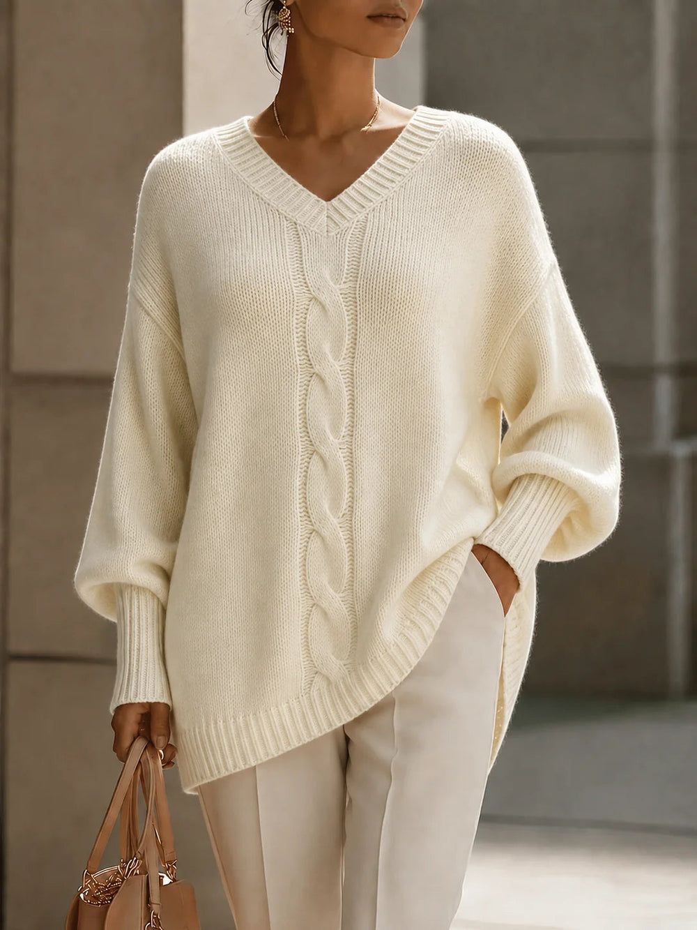 Women's Cable Knit Jumper with V Neckline