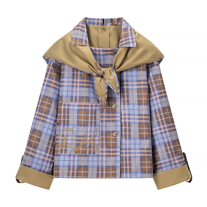 Women's Plaid Scarf Collar Jacket with Contrast Cuffs