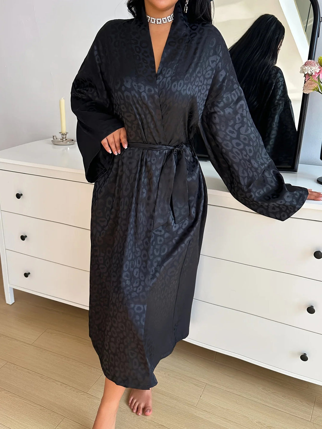 Women's Black Leopard Print Satin Bathrobe Belt