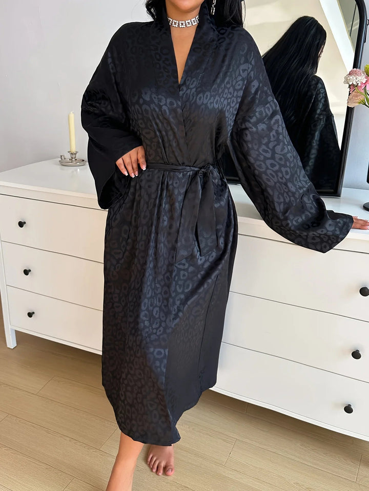 Women's Black Leopard Print Satin Bathrobe Belt