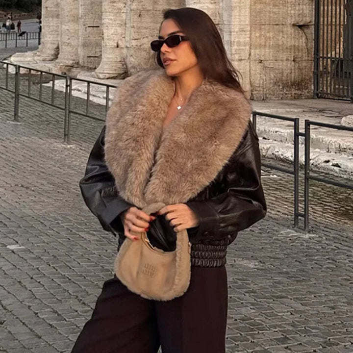 Women's Oversized Fur Collar Jacket — Black