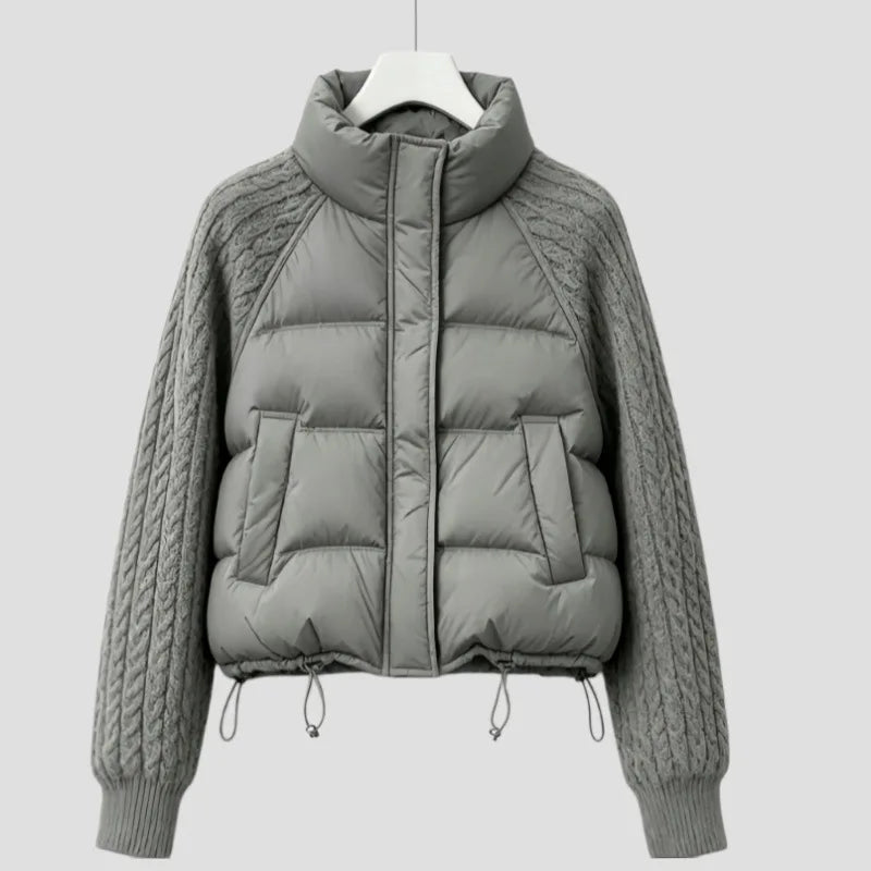 Women's Puffer Jacket with Cable Knit Sleeves