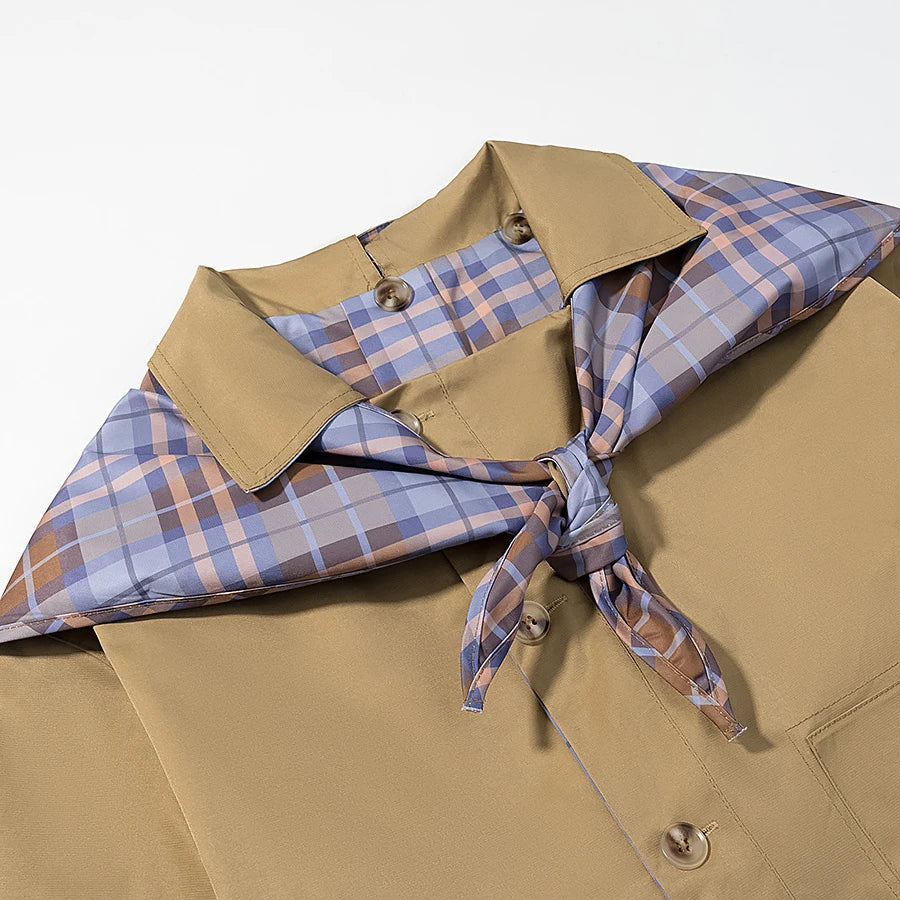 Women's Plaid Scarf Collar Jacket with Contrast Cuffs