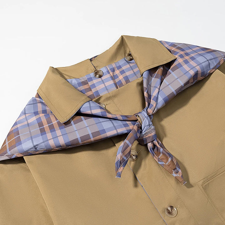 Women's Plaid Scarf Collar Jacket with Contrast Cuffs