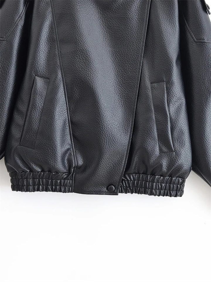 Women's Faux Leather Jacket with Raised Collar