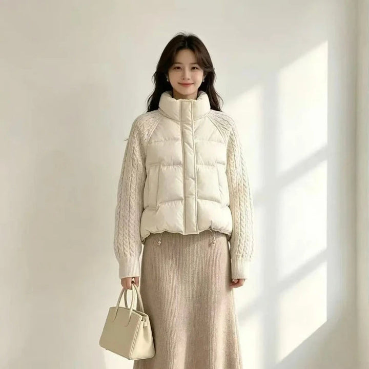 Women's Puffer Jacket with Cable Knit Sleeves