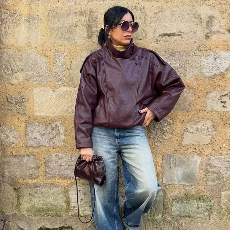 Women's Faux Leather Oversized Bomber Jacket