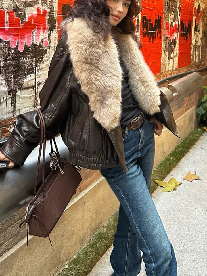 Women's Oversized Fur Collar Jacket — Brown