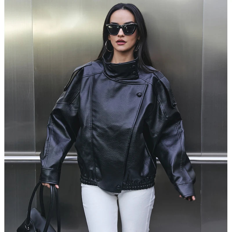 Women's Leather Oversized High Collar Bomber Jacket