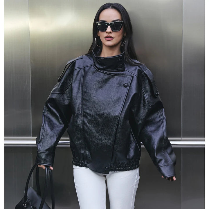 Women's Leather Oversized High Collar Bomber Jacket