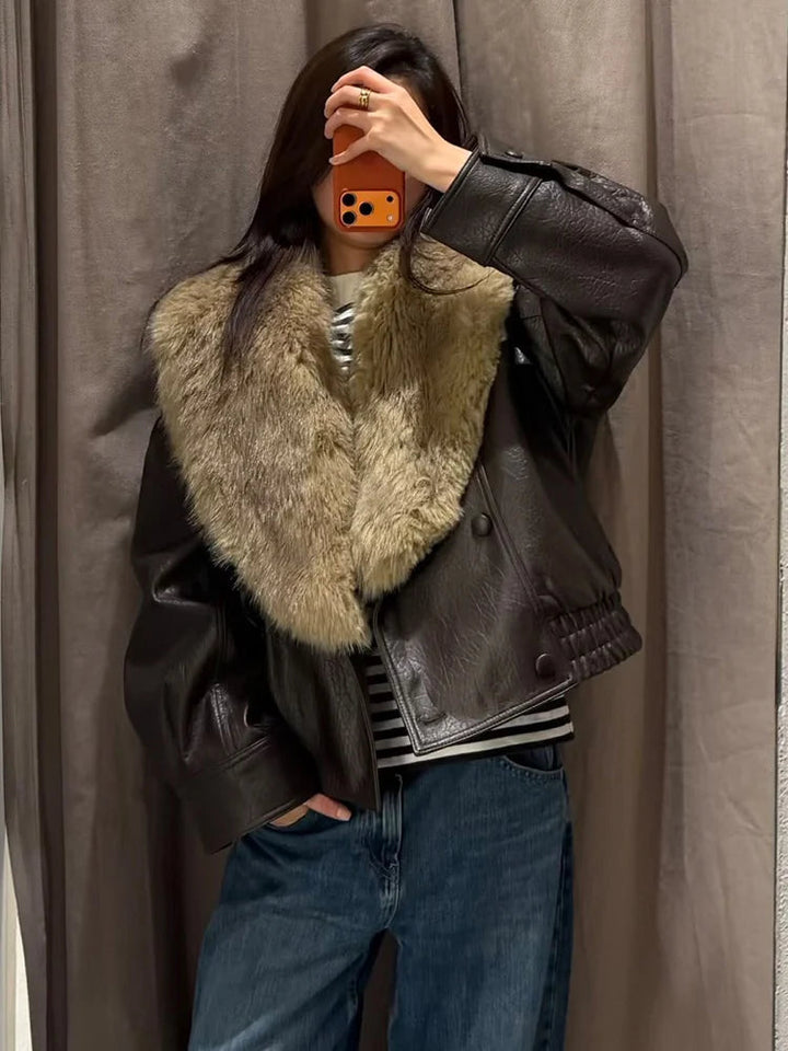 Women's Oversized Fur Collar Jacket — Brown