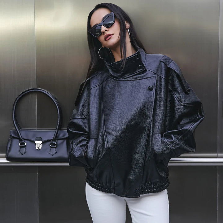 Women's Leather Oversized High Collar Bomber Jacket