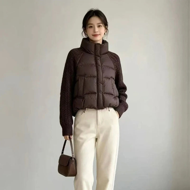 Women's Puffer Jacket with Cable Knit Sleeves