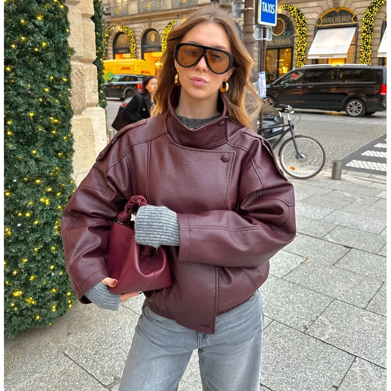 Women's Faux Leather Oversized Bomber Jacket