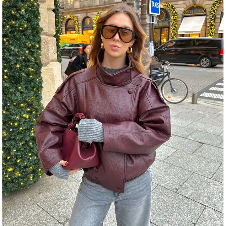 Women's Faux Leather Oversized Bomber Jacket